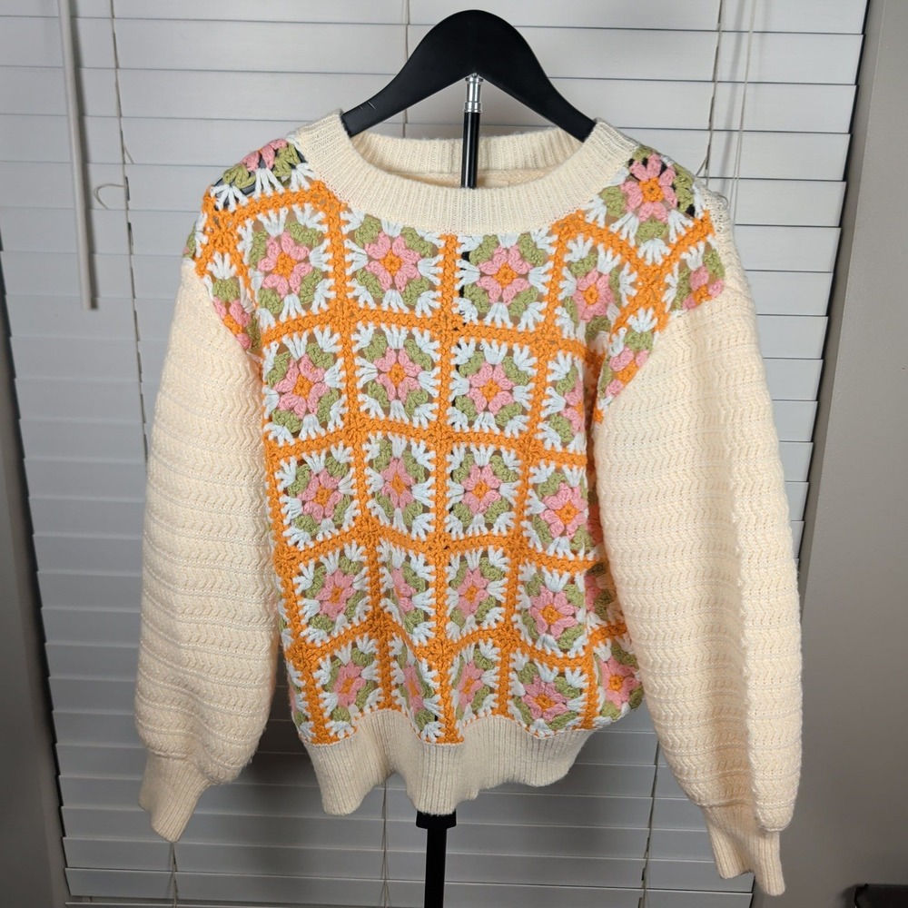 BiBi Crochet Granny Square Sweater Women Medium Cream Orange Floral Boho Exc